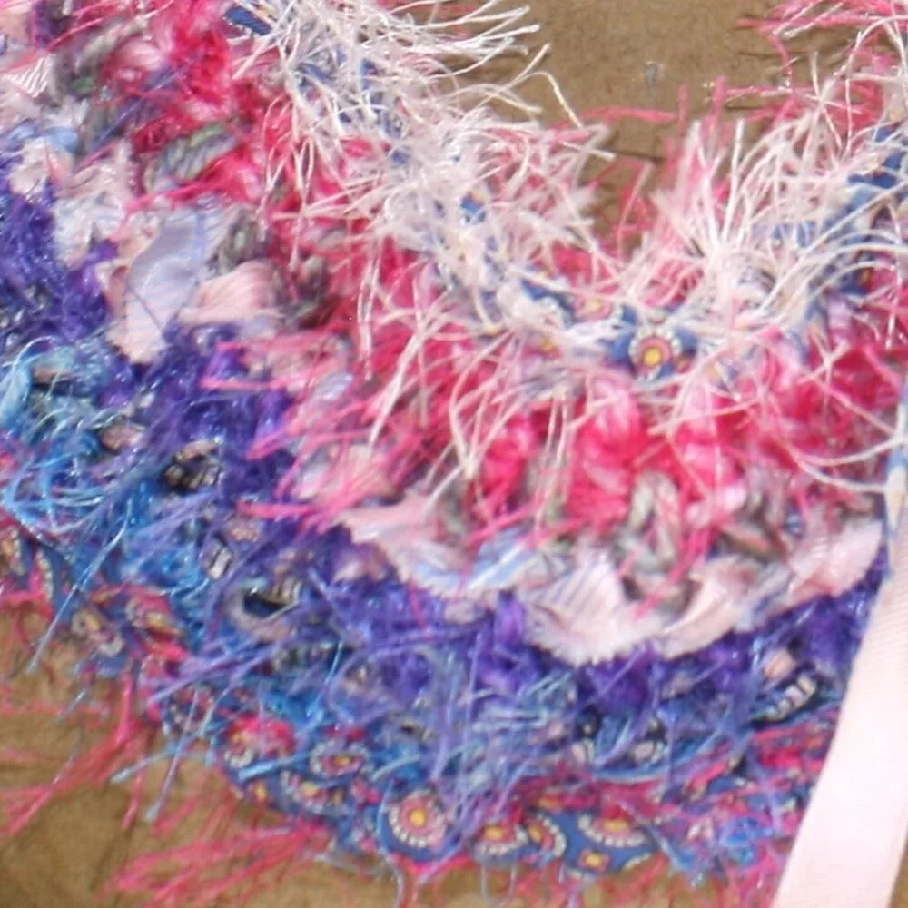 HAND CRAFTED Scarf Upcycled Crochet Infinity Oversized Fuzzy Necktie Pink Stripe
